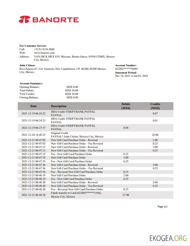 Relevé bancaire Mexique Banorte
